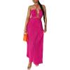 imageOYOANGLE Womens Cut Out Front Criss Cross Halter Dress Tie Backless Pleated Formal Maxi DressesHot Pink