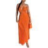 imageOYOANGLE Womens Cut Out Front Criss Cross Halter Dress Tie Backless Pleated Formal Maxi DressesOrange