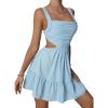 imageOYOANGLE Womens Cut Out Ruched Sleeveless Backless Ruffle Hem Short Cami Dress Black SLight Blue