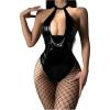 imageOYOANGLE Womens Faux PU Leather Cut Out Lace Up Halter Teddy Bodysuit Lingerie with Fishnet StockingsBlack