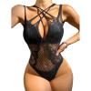 imageOYOANGLE Womens Fishnet Mesh Teddy Lingerie Hollow Out Crisscross One Piece Bodysuit BabydollBlack