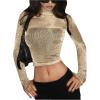 imageOYOANGLE Womens Glitter Mesh Sheer Long Sleeve Tee Shirt Slim Fitted Party Rave TopsGold