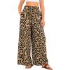 imageOYOANGLE Womens Leopard Print Elastic High Waist Wide Leg Pants Tie Front Pockets Loose Casual TrousersKhaki