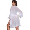 imageOYOANGLE Womens Mesh Sheer Appliques Trumpet Floral Sleeve Belted Sleep Robe Bridal Wedding LingerieWhite Floral Sleeve