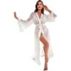 imageOYOANGLE Womens Mesh Sheer Ruffle Trim Long Sleeve Belted See Through Robes Bride Kimono Exotic SleepwearWhite