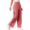 imageOYOANGLE Womens Plaid Print Tie Side Casual Pants High Elastic Waist Straight Leg TrousersRed and White