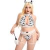 imageOYOANGLE Womens Plus Size 6 Piece Cow Print Cut Out Garter Costume Cosplay Lingerie SetBlack and White
