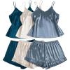 imageOYOANGLE Womens Plus Size 6 Pieces Silk Satin Pajama Sets Cami Top and Ruffle Shorts Pjs V Neck SleepwearBlue and Beige