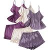 imageOYOANGLE Womens Plus Size 6 Pieces Silk Satin Pajama Sets Cami Top and Ruffle Shorts Pjs V Neck SleepwearPurple and Beige