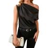 imageOYOANGLE Womens Satin Off The Shoulder Short Sleeve Asymmetrical Neck Ruched Work Office Blouse TopBlack