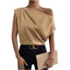 imageOYOANGLE Womens Satin Off The Shoulder Short Sleeve Asymmetrical Neck Ruched Work Office Blouse TopDark Khaki