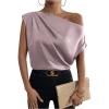 imageOYOANGLE Womens Satin Off The Shoulder Short Sleeve Asymmetrical Neck Ruched Work Office Blouse TopMauve Purple
