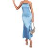 imageOYOANGLE Womens Strapless Satin Tube Dress Backless Elegant Solid Silky Maxi DressesBlue