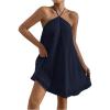 imageOYOANGLE Womens Textured Halter Backless Short Dress Sleeveless Flowy Vacation Mini DressesDeep Blue