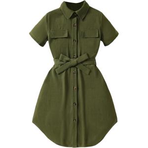 imageOYOANGLE Girls Button Down Collared Dress Short Sleeve A Line Casual Belted DressesGreen