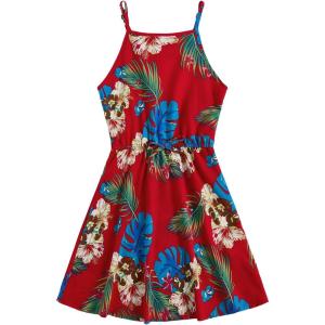 imageOYOANGLE Girls Casual Boho Floral Print Sleeveless ALine Swing Cami Hawaiian Dress SundressRed