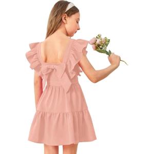 imageOYOANGLE Girls Cute Square Neck Sleeveless Bow Back Ruffle Trim A Line Mini Short DressPink Solid