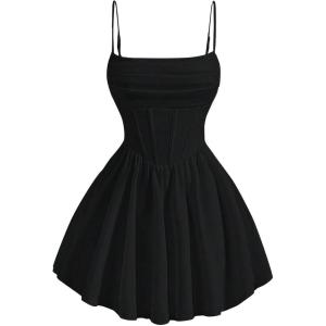 imageOYOANGLE Girls Spaghetti Strap Ruched Ruffle Hem Sleeveless Summer Flowy Short DressesBlack