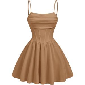 imageOYOANGLE Girls Spaghetti Strap Ruched Ruffle Hem Sleeveless Summer Flowy Short DressesKhaki