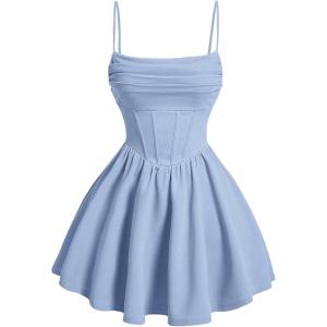 imageOYOANGLE Girls Spaghetti Strap Ruched Ruffle Hem Sleeveless Summer Flowy Short DressesLight Blue