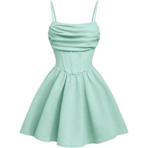 imageOYOANGLE Girls Spaghetti Strap Ruched Ruffle Hem Sleeveless Summer Flowy Short DressesMint Green