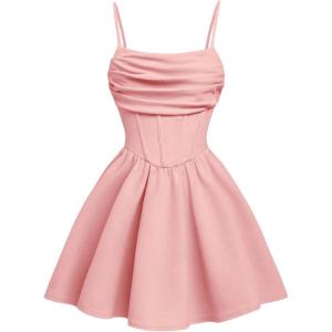 imageOYOANGLE Girls Spaghetti Strap Ruched Ruffle Hem Sleeveless Summer Flowy Short DressesPink
