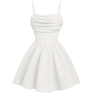 imageOYOANGLE Girls Spaghetti Strap Ruched Ruffle Hem Sleeveless Summer Flowy Short DressesWhite