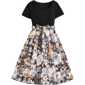 imageOYOANGLE Girls Summer Casual Dress Short Sleeve Bow Belted ALine High Waist Smocked Short DressBlack Multi