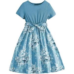 imageOYOANGLE Girls Summer Casual Dress Short Sleeve Bow Belted ALine High Waist Smocked Short DressLight Blue