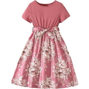 imageOYOANGLE Girls Summer Casual Dress Short Sleeve Bow Belted ALine High Waist Smocked Short DressPink Floral