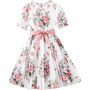 imageOYOANGLE Girls Summer Casual Dress Short Sleeve Bow Belted ALine High Waist Smocked Short DressWhite Floral