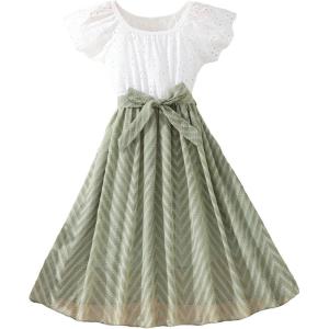 imageOYOANGLE Girls Summer Casual Dress Short Sleeve Bow Belted ALine High Waist Smocked Short DressWhite and Green