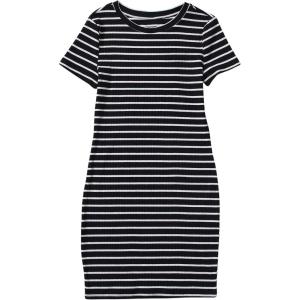 imageOYOANGLE Girls Summer TShirt Dress Striped Print Short Sleeve Ribbed Knit Casual DressBlack