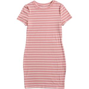 imageOYOANGLE Girls Summer TShirt Dress Striped Print Short Sleeve Ribbed Knit Casual DressPink