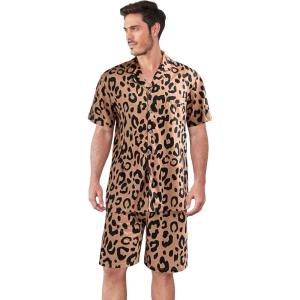 imageOYOANGLE Mens 2 Piece Leopard Print Stain Short Sleeve Button Front Shirt and Shorts Pajama SetBrown
