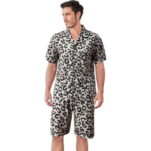 imageOYOANGLE Mens 2 Piece Leopard Print Stain Short Sleeve Button Front Shirt and Shorts Pajama SetGrey and Black