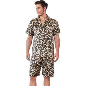 imageOYOANGLE Mens 2 Piece Leopard Print Stain Short Sleeve Button Front Shirt and Shorts Pajama SetMulticolor