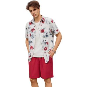 imageOYOANGLE Mens 2 Piece Outfits Boho Floral Print Button Down Short Sleeve Blouse and Shorts SetRed and White