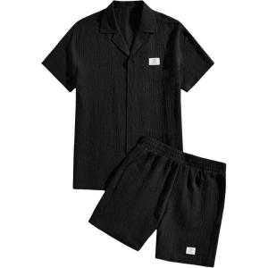 imageOYOANGLE Mens 2 Piece Outfits Button Down Lapel Neck Short Sleeve Shirt and Shorts Casual Athletic SetsBlack