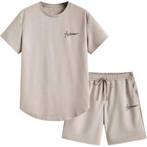 imageOYOANGLE Mens 2 Piece Outfits Crew Neck Short Sleeve T Shirt and Drawstring Shorts Workout SetApricot