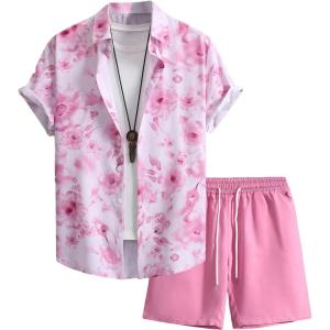 imageOYOANGLE Mens 2 Piece Outfits Striped Short Sleeve Button Down Shirt and Drawstring Shorts SetWhite and Pink