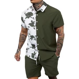 imageOYOANGLE Mens 2 Piece Vacation Outfits Tropical Hawaiian Button Down Shirt and Shorts SetArmy Green