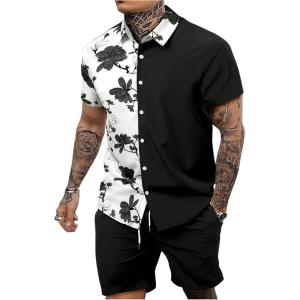 imageOYOANGLE Mens 2 Piece Vacation Outfits Tropical Hawaiian Button Down Shirt and Shorts SetBlack and White