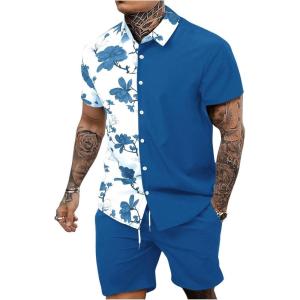 imageOYOANGLE Mens 2 Piece Vacation Outfits Tropical Hawaiian Button Down Shirt and Shorts SetBlue White