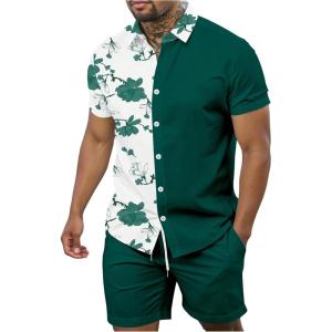 imageOYOANGLE Mens 2 Piece Vacation Outfits Tropical Hawaiian Button Down Shirt and Shorts SetBright Green
