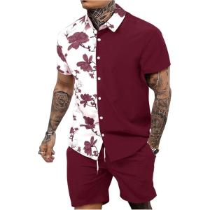 imageOYOANGLE Mens 2 Piece Vacation Outfits Tropical Hawaiian Button Down Shirt and Shorts SetBurgundy