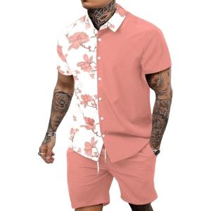 imageOYOANGLE Mens 2 Piece Vacation Outfits Tropical Hawaiian Button Down Shirt and Shorts SetCoral Pink