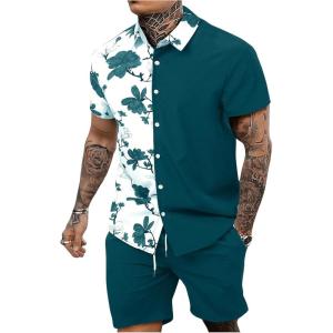 imageOYOANGLE Mens 2 Piece Vacation Outfits Tropical Hawaiian Button Down Shirt and Shorts SetDark Green