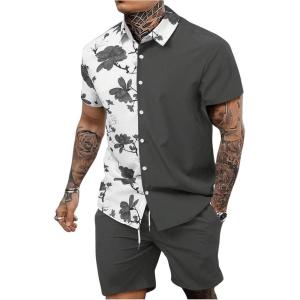 imageOYOANGLE Mens 2 Piece Vacation Outfits Tropical Hawaiian Button Down Shirt and Shorts SetDark Grey
