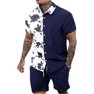 imageOYOANGLE Mens 2 Piece Vacation Outfits Tropical Hawaiian Button Down Shirt and Shorts SetDeep Blue and White